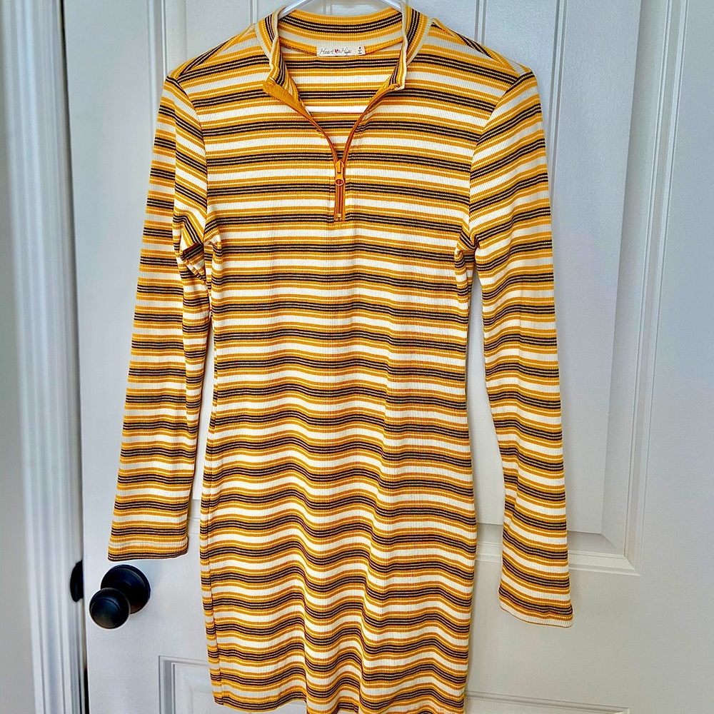 Yellow,black and white striped long sleeve dress